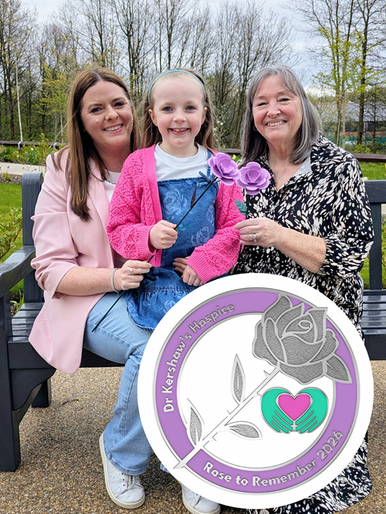 Circular Rose to Remember badge with lilac trim, cut-out rose centre and Dr Kershaw's heart logo