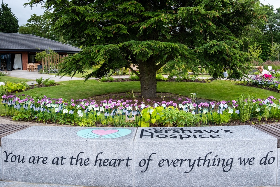 A sea of lilac Rose to Remember roses behind a wall with the Dr Kershaw's Hospice logo, 'You are at the heart of everything we do!'