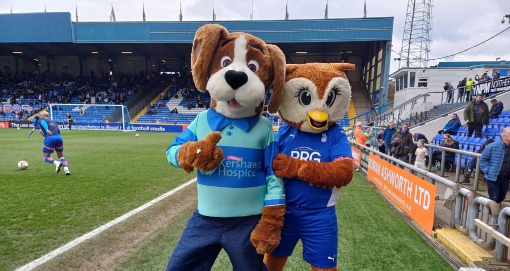 Hartley the dog and Chaddy the owl at Oldham Football Club