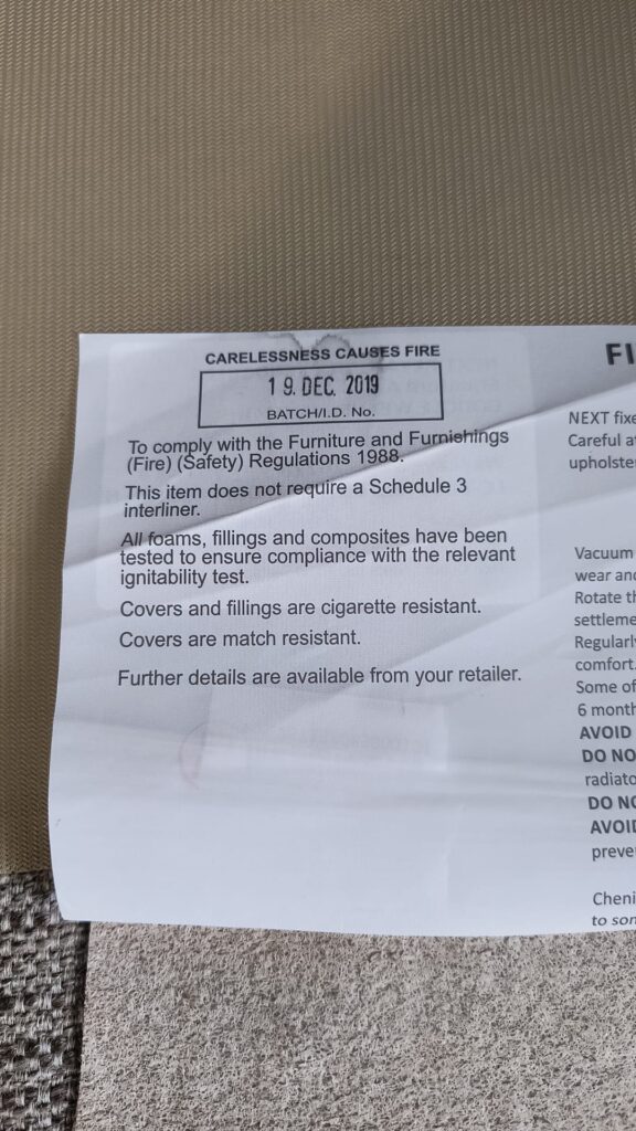 An example fire label, stating that all foams and fillings have been tested and are cigarette resistant, and covers are match resistant.
