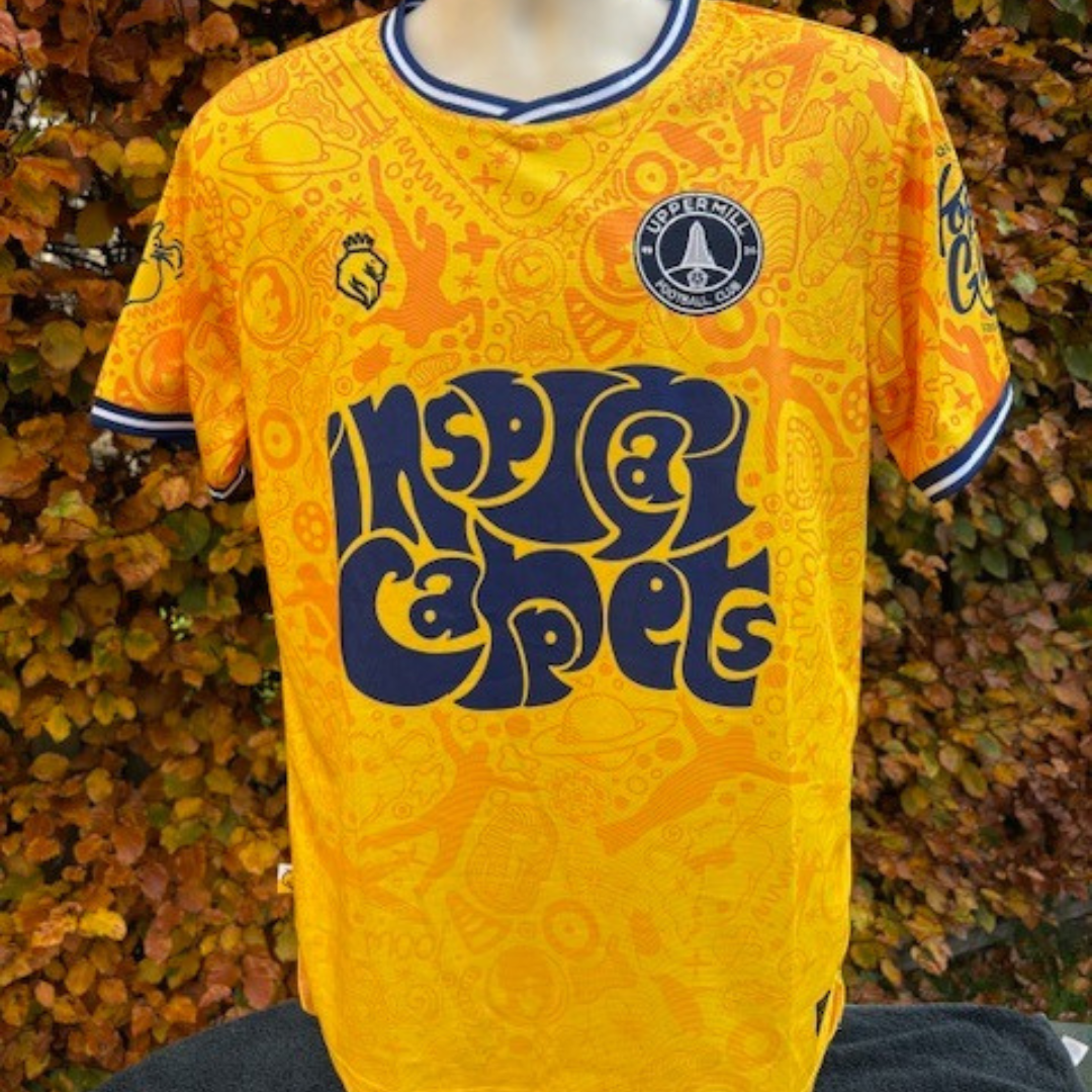 Yellow Uppermill FC football shirt with Inspiral Carpets branding